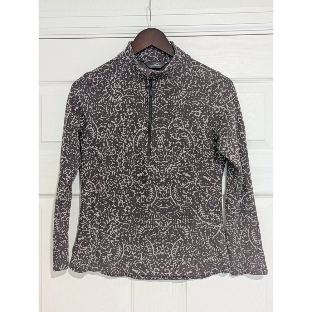 Eddie Bauer Womens Quarter Zip Pullover Grey Abstract Print Mock Neck Small